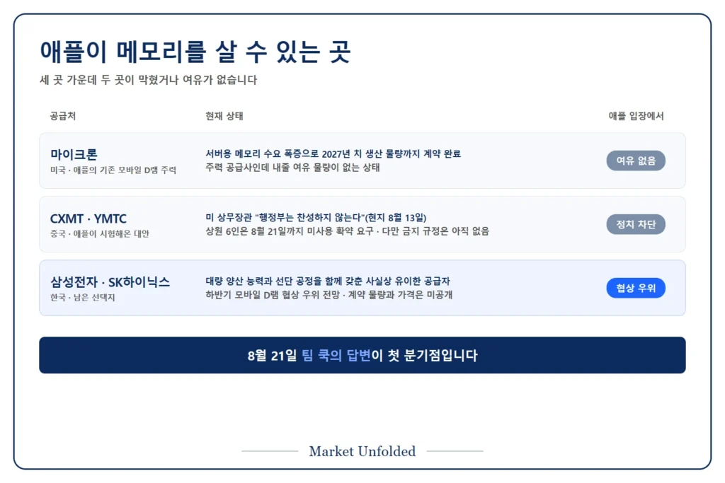 애플이 메모리를 조달할 수 있는 네 곳과 각각의 현재 상태 - 마이크론은 2027년까지 계약 완료, 중국 CXMT와 YMTC는 미국 정부 반대, 삼성전자와 SK하이닉스는 공급자 우위